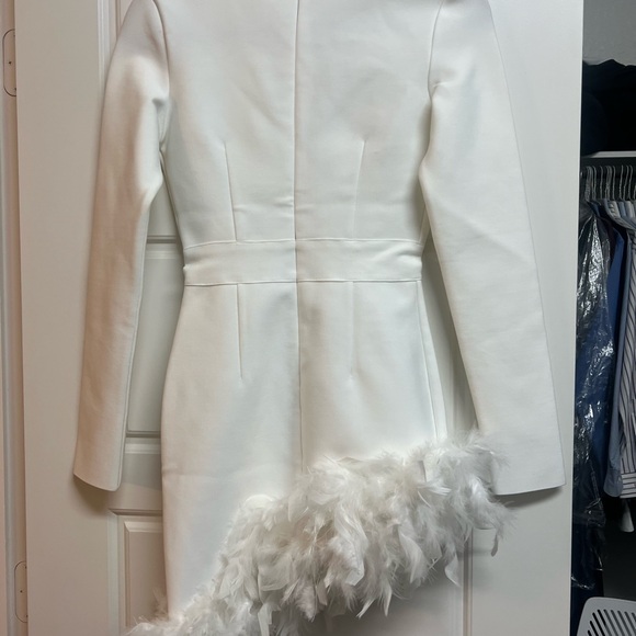 FLIRTY FAUX FEATHER TRIM PLUNGING LONG SLEEVE MINI BANDAGE DRESS - WHITE - Picture 4 of 5